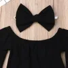 5588 Summer Baby Girls Set Girl Black Tshirt + Leopard Jeans + Bowknot Headband Kids Set Child 3pcs Outfits