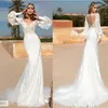 2019 Senaste Mermaid Bröllopsklänningar V Neck Lace Appliqued Långärmad Brudklänningar Sweep Train Vintage Wedding Dress Robe de Mariée