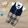 Pasgeboren Baby Formele Party Bodysuit Mode Plaid korte Mouw Baby Jongens Kleding Nieuwe Outfits Zomer Kleding Sets Outfit Gift