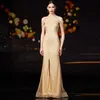 Modern Front Slit Champagne Evening Dresses Robe Longue Luxury Crystal Sexy Mermaid Prom Dresses High Neck Vestidos De Gala