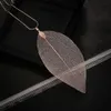 Womens Fashion Long Chain Natural Leaf Pendant Necklace Gold/Silver/Black Plated Sweater Necklaces
