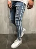Moda Jeans Çizgili Baskı Eski Uzun Sıkı Kalem Pantolon Mavi Fermuar Sokak İnce Hip Hop Erkek Giyim