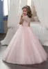 Meisje's mode lange kant applique custom schattige prinses bloem meisje jurk vloer lengte handgemaakte bloemen bogen kinderen prom verjaardagskleding