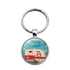 2020 Happy Camper Quote Keychain Travel Car Key Chain Ring Glass Cabochon Dome Jewelry Pendant Silver Metal Keyring Fashion Gift