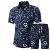 Fashion-Men Shirts + Spodenki Zestaw Nowy Summer Casual Wydrukowana Hawajska Koszula Homme Krótkie męskie Zestawy Plus Rozmiar