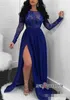 Royal Blue Long Sleeves Prom Dresses Lace Applique Sequins A Line Side Slit Chiffon Illusion Sexy Hollow Back Plus Size Evening Gown 403