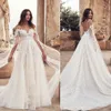 Elegant Bohemian A Line Wedding Dresses Jewel Neck Long Sleeve Tulle Lace Applique Wedding Gowns Sweep Train robe de mariée