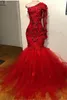 Prom Elegant Red Dresses One Shoulder Long Sleeves Mermaid Evening Gowns Lace Appliques Beads Handmade Flowers Special Ocn Dress 0420