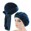 2pcs / lot Velvet Unisex Long Tail Durag E Bonnet Set Mulheres Cap sono Doo Rag respirável Bandana Chemo Hat Headwear