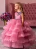 Bloem Meisjes Jurken Sweep Train Illusion Bodice Applique Birthday Party Girls Pageant Towns With Bow Aangepast