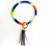 PU cuero arco iris pulsera llavero colorido llavero círculo borla pulsera mujeres chica arco iris pulsera llavero regalos HHA756