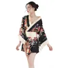 Kimono japonais traditionnel pour femmes, vêtements de nuit, Sexy, décolleté en v profond, imprimé Floral en Satin, vêtements de nuit courts, Robe de bain 2847