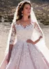 Newest Elegant Ball Gown Wedding Dresses Sheer Neck 3/4 Long Sleeves Appliques Tulle Satin Saudi Arabic Bridal Dress Vestidos De Mariee