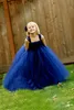 Nya blå tyllblomma flickor klänningar lager ruffle spaghetti barn formella festklänningar golvlängd gradering slitage