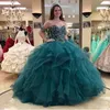 Charming Hunter Green Ball Vestido Quinceanera Vestidos Sweetheart Cristal Ruffles Tiered Prom Vestidos Corset Girls Pageant Vestido 2019