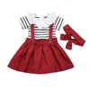 Bébé Fille Vêtements D'été Ensembles Filles Rayé T-shirt Jarretelles Jupe Arc Bande De Cheveux 3Pcs Ensemble Enfants Col Volant Chemise Sling Jupes ZYQA470