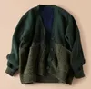 Suéter cárdigan Vintage de lana y Mohair verde suelto para mujer, abrigo de gran tamaño con bolsillos dobles y cuello de pico de manga larga para otoño e invierno