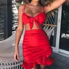 Conjunto de duas peças feminino babados laço casual praia vestido de verão vermelho ombro a ombro sexy clube bodycon wrap mini vestido de festa