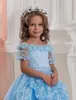 Short Sleeves Blue Flower Girl Dresses Baby Girl Pageant Dresses with Lace Overlay Skirt Ball Gown Princess First Communion Dress