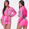 2019 Neon Color Two Piece Skirt Set Kvinnor Fickor Zipper Långärmad Crop Top och Mini Skirts Suit Sexy 2 Piece Outfits Clubwear