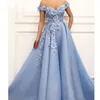 Designer Blue Off the Shoulder Prom Dresses 3D Flower Beading Abendkleider Evening Gowns Draped Long Prom Dress 2022