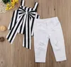 2019 Toddler Kids Baby Girl Summer Outfits Tops Big Bow Stripe Strap Tops + White Hollow Pants 2PCS Baby Girls Clothes Set