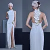 2020 Tasarlanmış Nakış Gelinlik Yüksek Boyun Kolsuz Bölünmüş Abiye giyim Kılıf Pageant Elbise Kat Uzunluk Örgün Parti Giyim