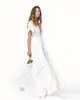 2019 New Slits Skirts Romantic Beach bohemian Wedding Dresses Cheap Short Sleeves Deep V Neck Layered Train Silk Satin Chiffon Bridal Gowns