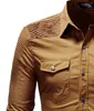 Mens designer slim fit casual shirts geplooide schouder effen kleur gewassen denim shirt voor mannen kleding single breasted with pockets