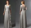 Ny silver 2022 Mor till bruden klänningar a-line halva ärmar Chiffon spetsar plus storlek lång elegant brudgum bröllopsfest klänning