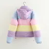 Regnbåge färgglada bomull vadderade parkas casual kvinnor höst vinter avtagbar hatt kappa macaron pastel panel puffer jacka rocks