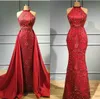 2020 Red Vestidos com trem destacável Halter frisada Satin Mermaid Prom Pavimento Length Vestidos para ocasiões especiais