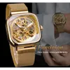 ForSining Golden Men Automatic Watch Square Skeleton Mesh Steel Band Mechanical Business Clock Relogio Masculino Erkek Kol Saati6635245