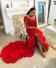 Красный Русалка Пром платье Scoop Neck Lace аппликация с длинного рукавом вечернего платья Складка Формальной партии мантии Мантия De Soirée