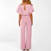 Przycisk Damska Bat Sleeve Jumpsuit Button Krótki Rękaw Solid Color Playsuit Clubwear Pas szerokiej Nogi Długie Spodnie Workwear Body Mujer # 5T