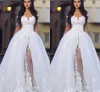 Cheap Sexy A Line Wedding Dresses Jewel Neck Appliques Lace Long Sleeves Sweep Train Illusion Overskirts See Through Formal Bridal Gowns