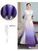 Aodai Floral Print Wedding Party Dress Kobiety Chiński Styl Cheongsam 3/4 Rękaw Purpurowy Elegancki Robe Qipao Szyfon Koreański Suknia
