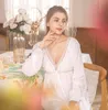 Wholesale-Sleepwear Vネックホワイトロングパジャマレースコットンナイトガウン長袖ナイトドレスプリンセスパジャマレディースピジャマスフェムニノス