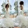 Dubai Diepe V-hals Trouwjurken Lange Mouwen Kant Hollow Back Mermaid Bridal Jurk Ruches Tiered Sweep Trein Bruidsjurken