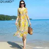 Al por mayor-Boho Beach Summer Dress 2019 Real Silk Vintage Floral Dress Mujeres Casual Pink Midi Elegant Ladies Vestidos Vestidos 89266