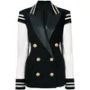Högkvalitativ nyaste Fashion Blazer Kvinnors Läder Patchwork Double Breasted Blazer Classic Varsity Jacket