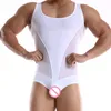 Casual Men Nylon Bodysuit Elasticity One Piece Swimsuit Sexy Slim Body Fitness Underwear Comfortable Gauze Patchwork Undershirt