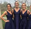 Navy Blue Simple 2019 신부 들러리 드레스 새틴 높음우 V- 넥 메이드 명예 가운 짧은 차 길이 이브닝 파티 가운 S