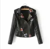 Top Kobiety Kurtki Kwiatowy Druku Haft Miękka Skóra Kurtka Płaszcz Casual PU Motocykl Punk Outerwear