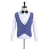 Custom Designe Azul Branco Dot Noivo Smoking Xaile Lapela Groomsmen Homens Vestido de Casamento Moda Homem Jaqueta Blazer Terno (Jacket + Pants + Vest + Tie) 70