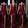 Burgundy Off The Shoulder Sparkling Sequins Mermaid Long Prom Dresses 2020 Backless Split Floor Length Formal Party Evening Dresses BC3193
