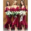 Dark Red Alta Baixa 2019 dama de honra Vestidos Alças Boho mangas curtas estilo sereia do convidado do casamento do vestido da madrinha de casamento Vestidos Custom Made