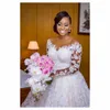 Sexy African A Line Wedding Dresses Scoop Neck Illusion Full Lace Pearls Beaded Long Sleeves Chapel Train Ball Gown Formal Bridal Gowns