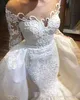 Neuestes schiere Hals-Langarm-Meerjungfrau-Hochzeitskleid Brautkleid Spitzenapplikation abnehmbarer Schwanz bodenlanges Hochzeitskleid nach Maß
