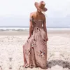 Boho -stijl lange jurk vrouwen van schouderstrand zomer jurken bloemenprint vintage chiffon witte maxi jurk